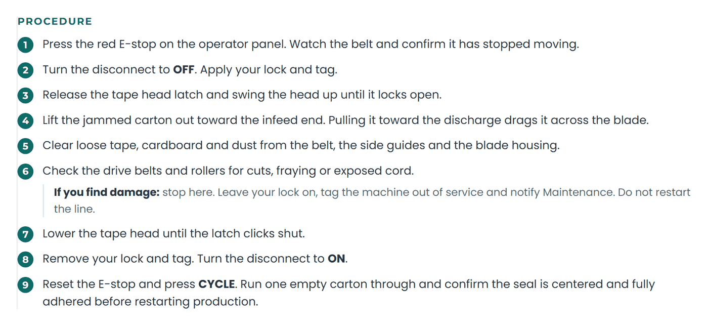 Nine numbered steps of a case sealer jam-clearing procedure, each with a lockout or verification instruction